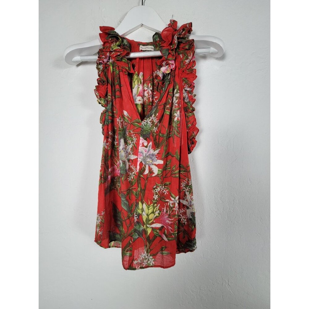 Isabel Marant Étoile Women Floral Sleeveless Ruffle Blouse Top Size 36 Red Green